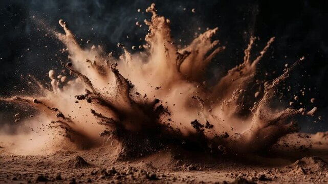Brown-black dust powder explosion with abstract texture and floating splashes