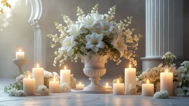 Funeral announcement showcasing candlelight and white floral tribute with room for obituary and deceased list