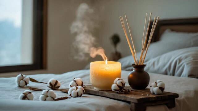 Aromatic candle and reed diffuser emitting a gentle scent for home aromatherapy and relaxation