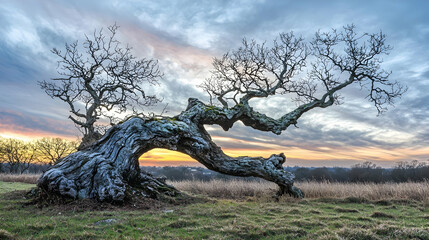 Twisted Tree Silhouette At Sunset