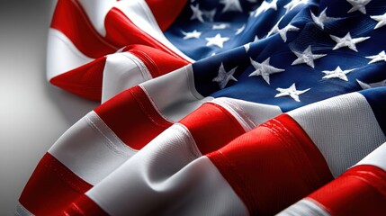 Close-up of American Flag Fabric with Stars and Stripes Details on Wall Background