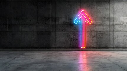 Vibrant neon arrow glowing with bright contrasting colors and pointing upward symbolizing velocity and progress against a minimalist dark concrete wall backdrop