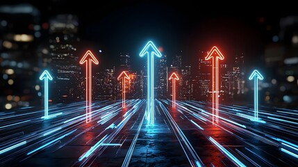 Glowing neon light arrows streaking upwards against a dark cityscape backdrop symbolizing technological progress innovation and momentum towards the future