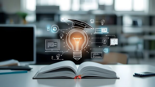 A glowing lightbulb symbolizes the power of knowledge and the transformative potential of learning surrounded by icons representing online courses digital degrees and academic achievements
