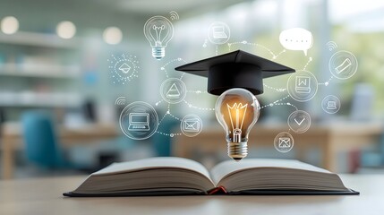 A dreamy and inspiring education scene featuring a bright lightbulb sitting atop an open book symbolizing the power of knowledge learning and the pursuit of enlightenment