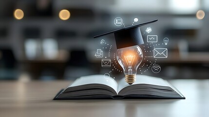 A radiant lightbulb rests upon an open book symbolizing the illumination of knowledge through academic achievement surrounded by digital learning icons in a dreamy softly lit background