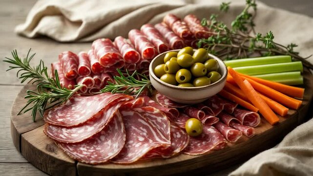 Charcuterie Board: Meat and Cheese Antipasti Platter with Salami, Prosciutto, and Olives