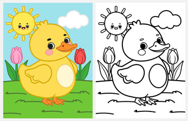 Cute cartoon duckling coloring page for kids, spring coloring page for kids