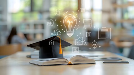 A conceptual image representing the transformative power of online education where a graduation cap an open book and a glowing lightbulb symbolize the pursuit of knowledge skills