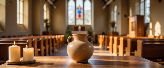 Rustic clay vase on table in church hall, serene ambiance