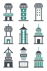 Tower Buildings Icon Set: Architecture, Landmarks and Structure