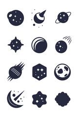 Simple Monochrome Space Object Icons Isolated on White