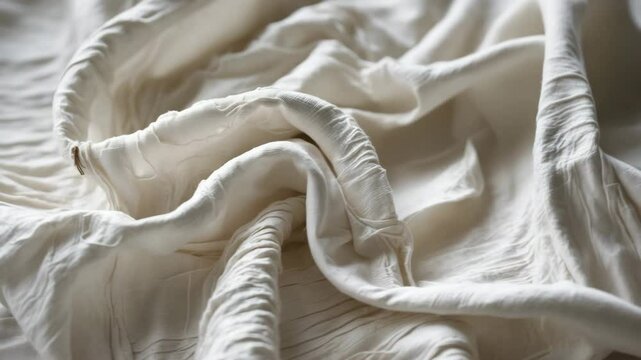 Close-up of white wrinkled fabric texture with rippled surface