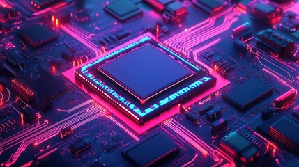 Obraz premium Futuristic neon circuit board with glowing processors and intricate wiring.