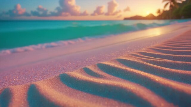 Close-up of sea sand on a beach with a stunning panoramic landscape and tropical seascape horizon, evoking a peaceful sky, calm and tranquil atmosphere, perfect for relaxation.