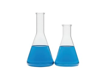 3d science lab: two erlenmeyer flasks with blue liquid isolated isolated on white background