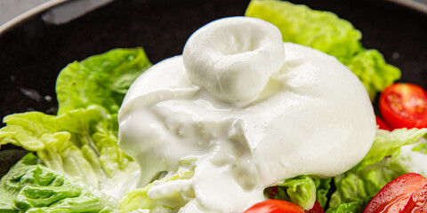 Burrata cheese salad buffalo milk cheese salad dish fresh delicious gourmet food background on the table rustic food top view copy space keto and paleo diet vegetarian