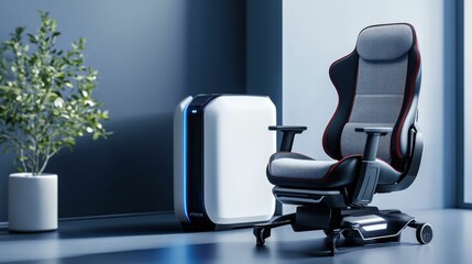 Fototapeta premium A modern gaming chair next to a sleek, futuristic device in a stylish room.
