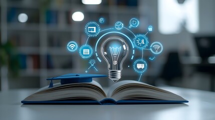 An open book with a radiant lightbulb wearing a graduation cap surrounded by icons representing digital learning achievements and academic success