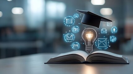 Inspiring digital educational scene featuring a glowing lightbulb resting on an open book topped by a graduation hat surrounded by floating online learning icons in a dreamy bokeh lit environment