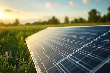 Solar panel in a field with sunlight shining on the horizon.