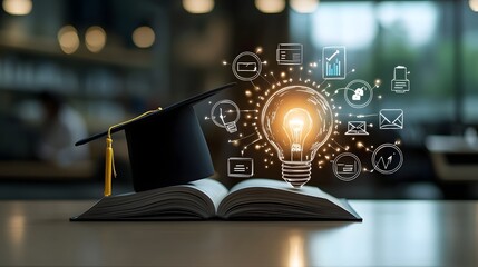A digital scene of educational enlightenment with a radiant lightbulb resting on an open book topped by a graduation cap surrounded by floating online learning icons in a dreamy bokeh lit environment