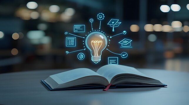 A visually engaging scene depicting education and online learning with a glowing lightbulb graduation cap and various digital symbols surrounding an open book