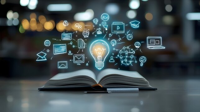 A glowing scene of education and technology with a radiant lightbulb resting on an open book topped by a graduation hat surrounded by floating online education icons in a dreamy bokeh lit environment