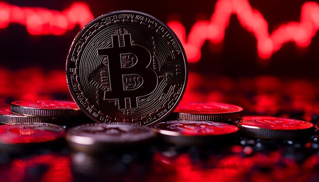 Bitcoin amidst market downturn, reflecting volatile cryptocurrency trends. - Powered by Adobe