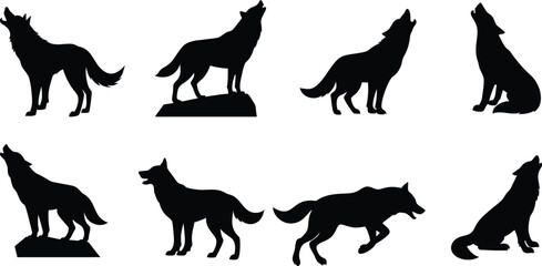 Set of Howling Wolf Silhouettes &ndash; Black Animal Vector Icons on White Background