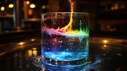 A glass with water and colorful splashes, vibrant and abstract.