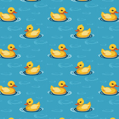 Yellow ducklings on the water.Vector seamless pattern with floating yellow ducklings on a blue background.