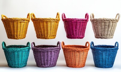 set of straw wicker classic retro basket for home bread and food or decoration and picnic concepts, empty colorful stylish basket set with isolated white png background