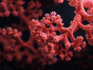 A close-up of vibrant red coral. The intricate patterns and textures showcase nature's beauty in the depths of the ocean, against a dark background.