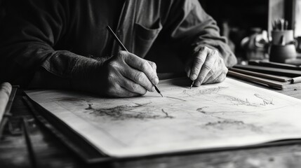 Obraz premium A close-up view of a person’s hand holding a pencil, poised over architectural plans or diagrams on a wooden table.