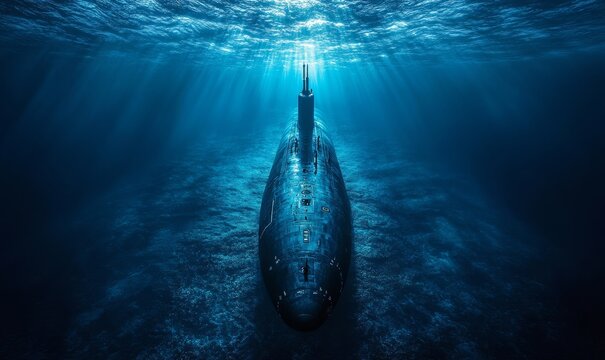 Generic military nuclear submarine floating in the middle of the ocean while shooting an undersea torpedo missile, wide banner with copy space area - Generative AI