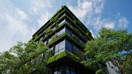 Fototapeta premium Eco-friendly building in modern city. Sustainable glass office building with trees for reducing CO2. Green architecture. Future green business concept. True Digital Park Bangkok Thailand