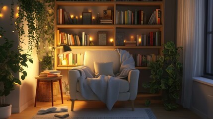 Cozy armchair, bookshelf filled with books, warm lighting in a serene setting.