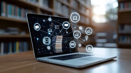 A laptop surrounded by glowing educational symbols and hovering books set against the backdrop of a rich wooden library interior