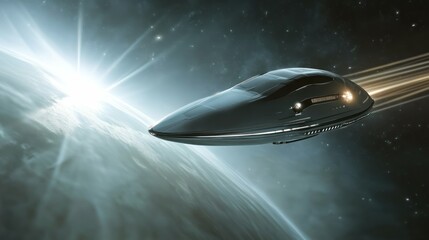 Obraz premium Futuristic spaceship flying in space with a planet and stars in the background