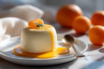 Panna Cotta Dessert with Orange Sauce and Fruit Topping on Plate
