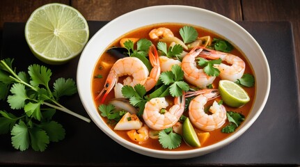 A vibrant bowl of shrimp tom yum soup garnished with lime and cilantro sits next to a spoon, displayed against a dark background