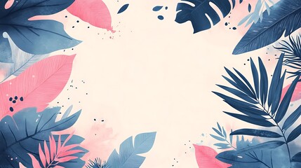 Fototapeta premium Tropical Leaves Border on Pink Background, Tropical leaves in shades of blue and pink create a vibrant border on a soft pink background