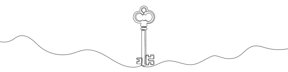 Key icon drawn with one line. Black outline of a key made with a single continuous line.