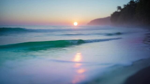 Deep jewel tones fade along the horizon in a blurry sunset over the Ocean