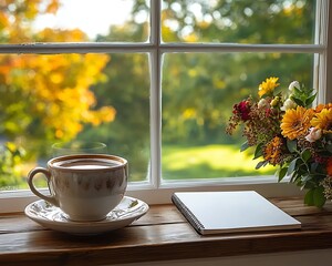 Autumnal windowsill scene with coffee and journal.