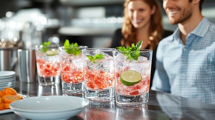 Refreshing drinks served at a bar for a happy couple.
