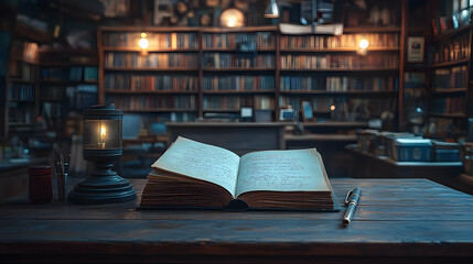 Fototapeta premium Open antique book rests on a wooden table in a dimly lit library, illuminated by a kerosene lamp; a pen lies beside it, evoking a sense of mystery and old-world charm.