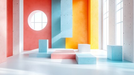 Colorful Geometric Interior Design, A modern, minimalist room with colorful geometric shapes and bright lighting