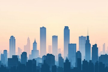 Fototapeta premium City skyline silhouette with tall buildings against a light colored sky.